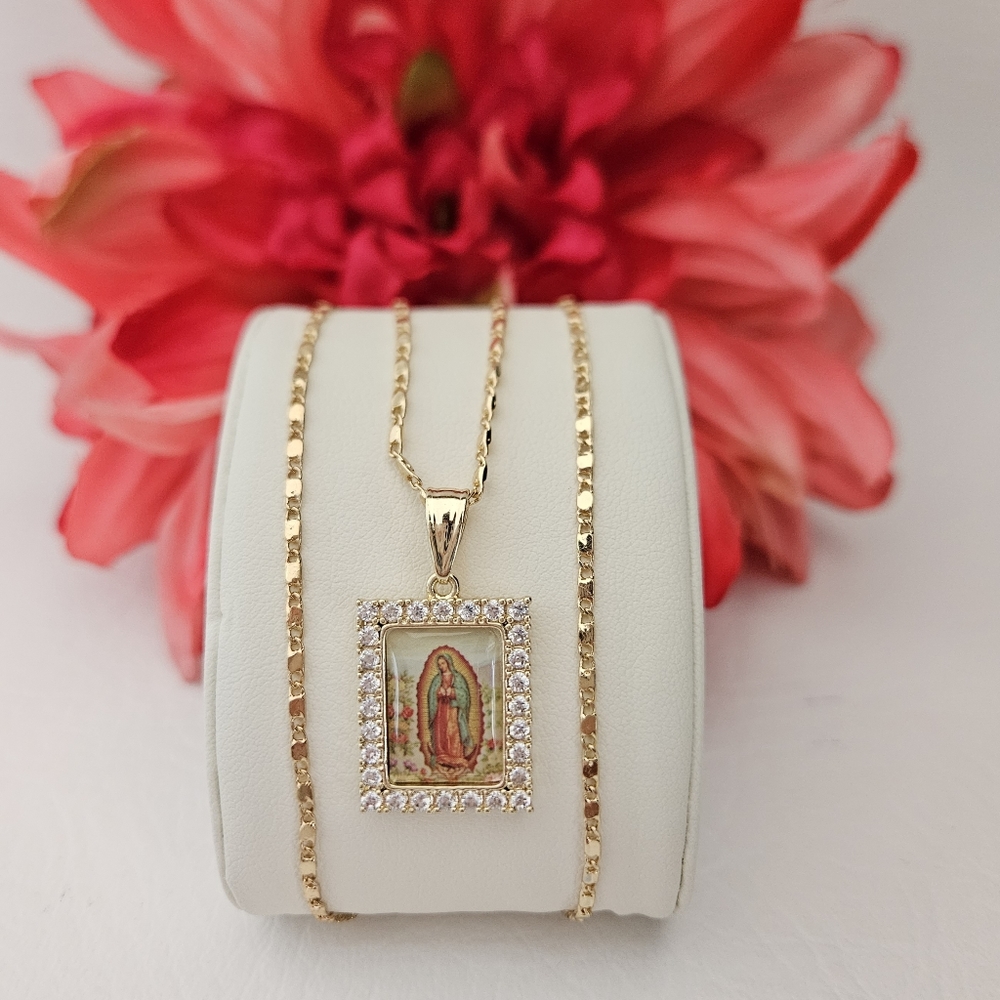 Lady Of Guadalupe Crystal Colored Image Gold Plated Necklace